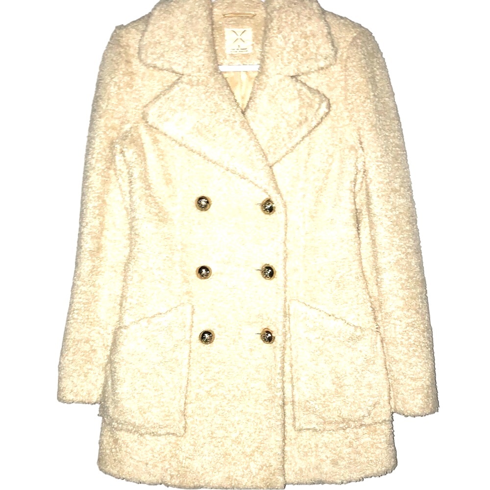 Anthropologie PINS AND NEEDLES brass button longline fluffy sherpa peacoat
